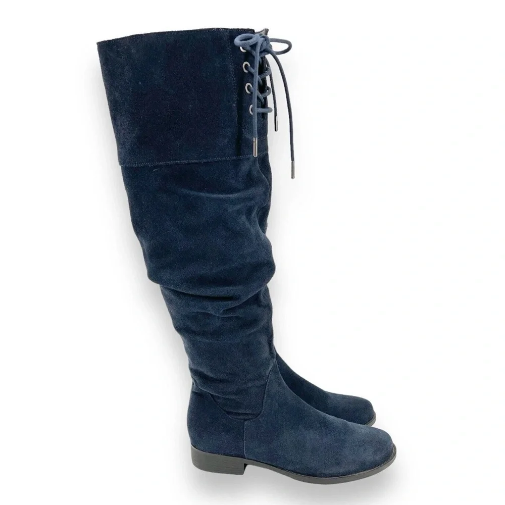 Matisse Camilla Navy Suede Tall Over The Knee Slouch Boots Lace Up 9W